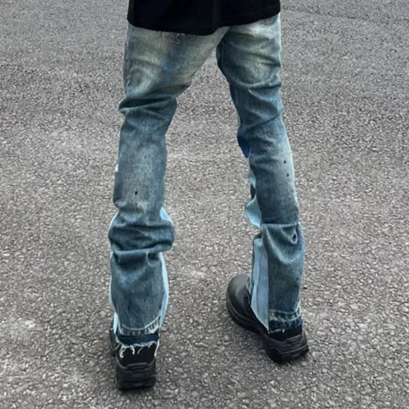 - Size upper body P300💰GA02 Top heavy industry GALLERY DEPT. Spliced ​​ink splash paint hand-stitched holes washed retro jeans men and women high street splash ink pants micro-flared casual trousers trendy couple same style Size: 28 30 32 34 36 (corresponding to S M L XL XXL)